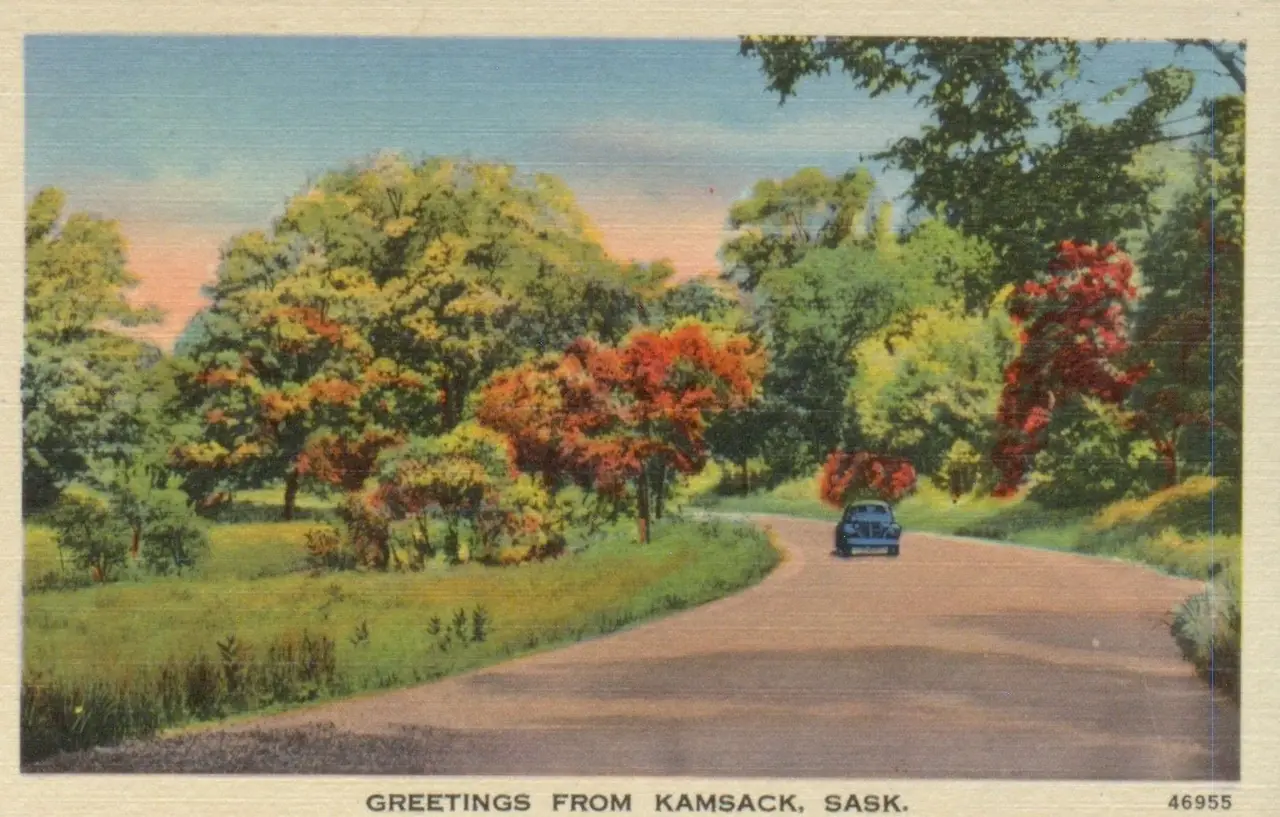 Greetings from Kamsack postcard: country road in autumn, about 1940